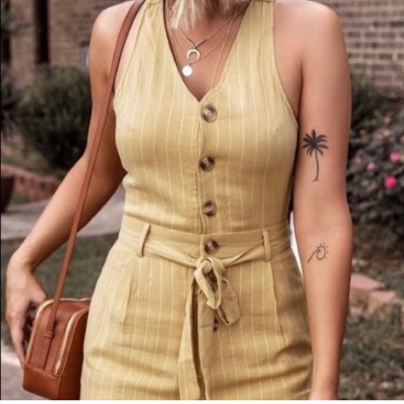 Emmer & Oat Jumpsuit Halter Pinstripes Mustard Cotton Blend Size Small Pockets - Picture 3 of 13